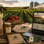 Mesa de trabajo en entorno agroalimentario con productos frescos, botella de aceite, ordenador portátil y móvil, representando branding y marketing digital en el sector agroalimentario
