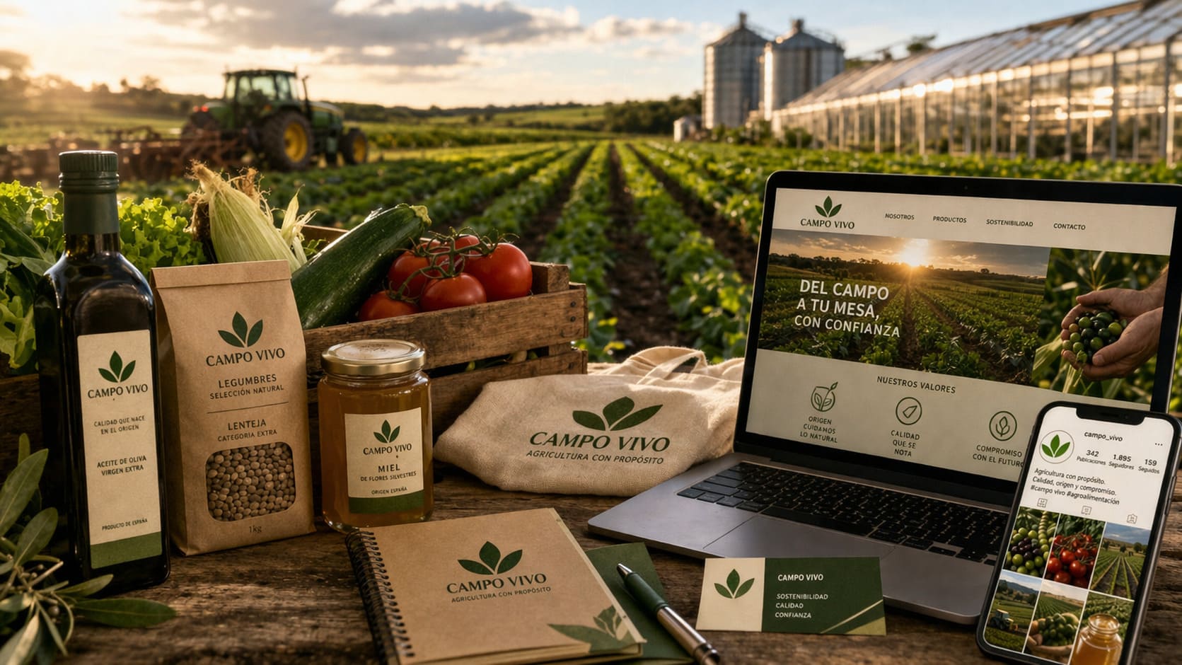 Mesa de trabajo en entorno agroalimentario con productos frescos, botella de aceite, ordenador portátil y móvil, representando branding y marketing digital en el sector agroalimentario
