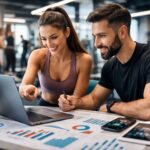 Profesionales del sector bienestar, fitness y deporte analizando la estrategia de branding y marketing digital en un entorno deportivo moderno