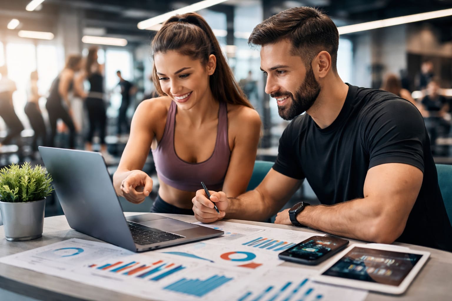 Profesionales del sector bienestar, fitness y deporte analizando la estrategia de branding y marketing digital en un entorno deportivo moderno