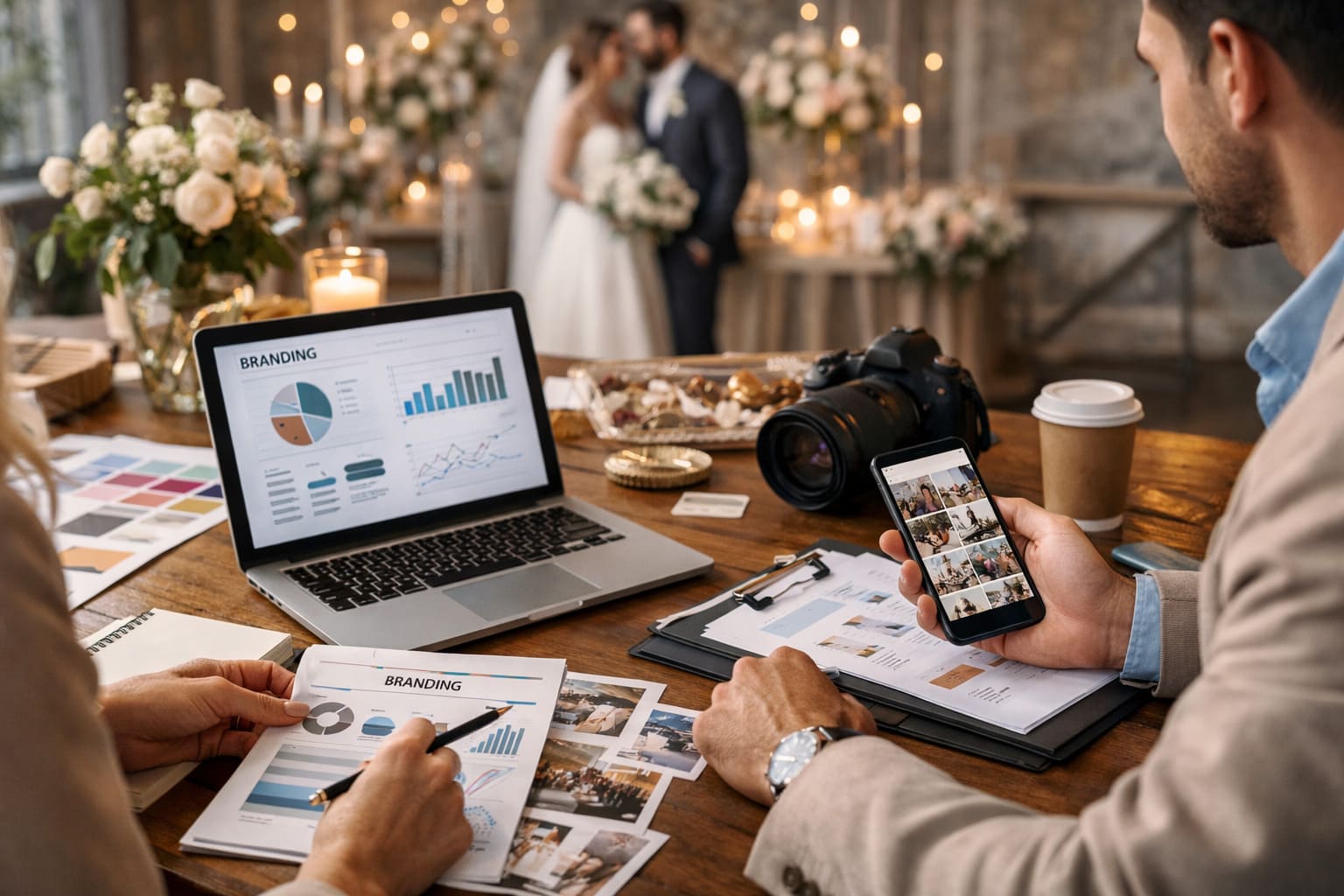 Profesionales del sector bodas y eventos trabajando la estrategia de branding y reputación de marca en un entorno elegante y visual.