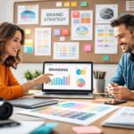 Equipo de comunicación y producción creativa trabajando una estrategia de branding y marketing digital en una oficina creativa