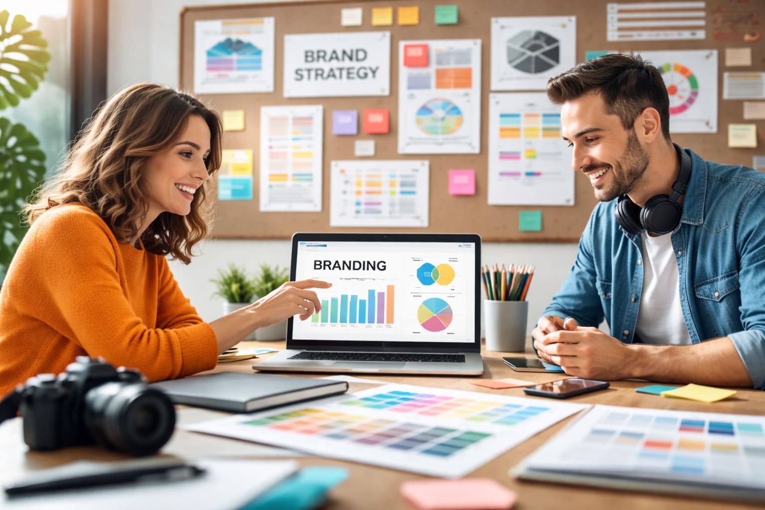 Equipo de comunicación y producción creativa trabajando una estrategia de branding y marketing digital en una oficina creativa