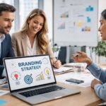 Equipo de consultoría y servicios empresariales en una reunión de branding y estrategia digital en una oficina moderna