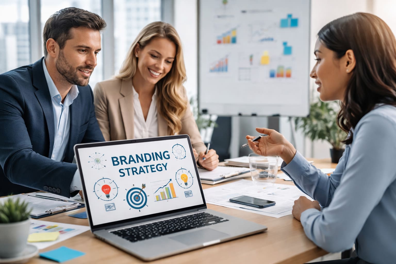 Equipo de consultoría y servicios empresariales en una reunión de branding y estrategia digital en una oficina moderna