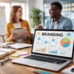 Equipo de profesionales del sector Educación y Formación trabajando la estrategia de branding y marketing digital en una oficina moderna.
