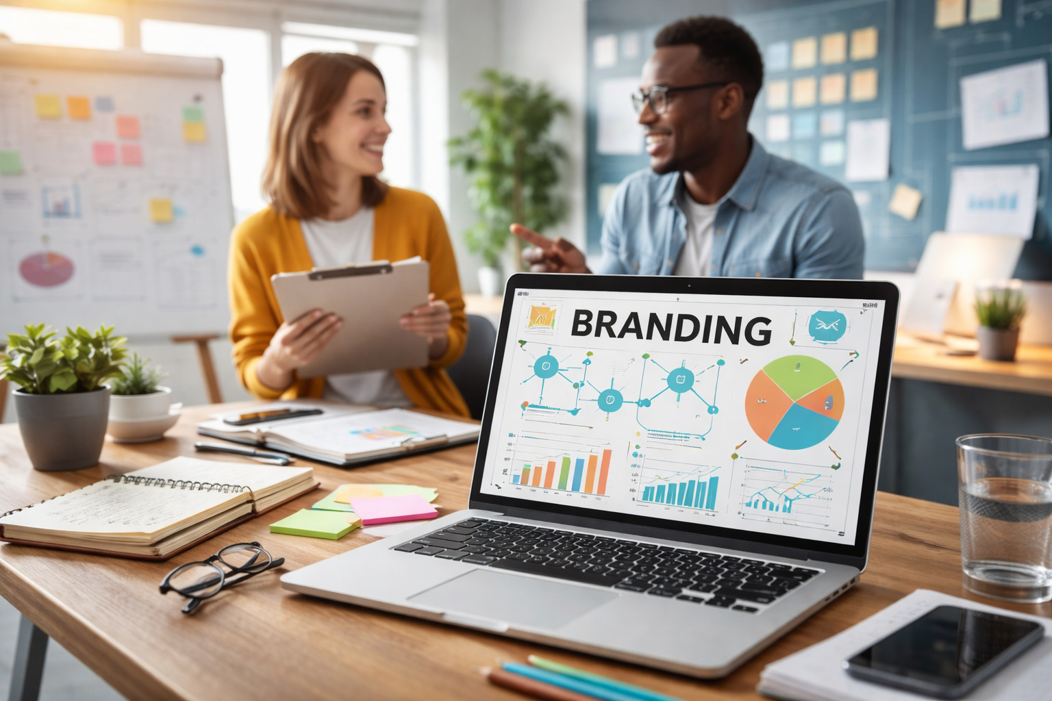 Equipo de profesionales del sector Educación y Formación trabajando la estrategia de branding y marketing digital en una oficina moderna.