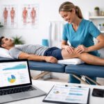 Fisioterapeuta atendiendo a un paciente en una clínica de fisioterapia y rehabilitación con un entorno profesional vinculado a estrategia digital y análisis de marketing.