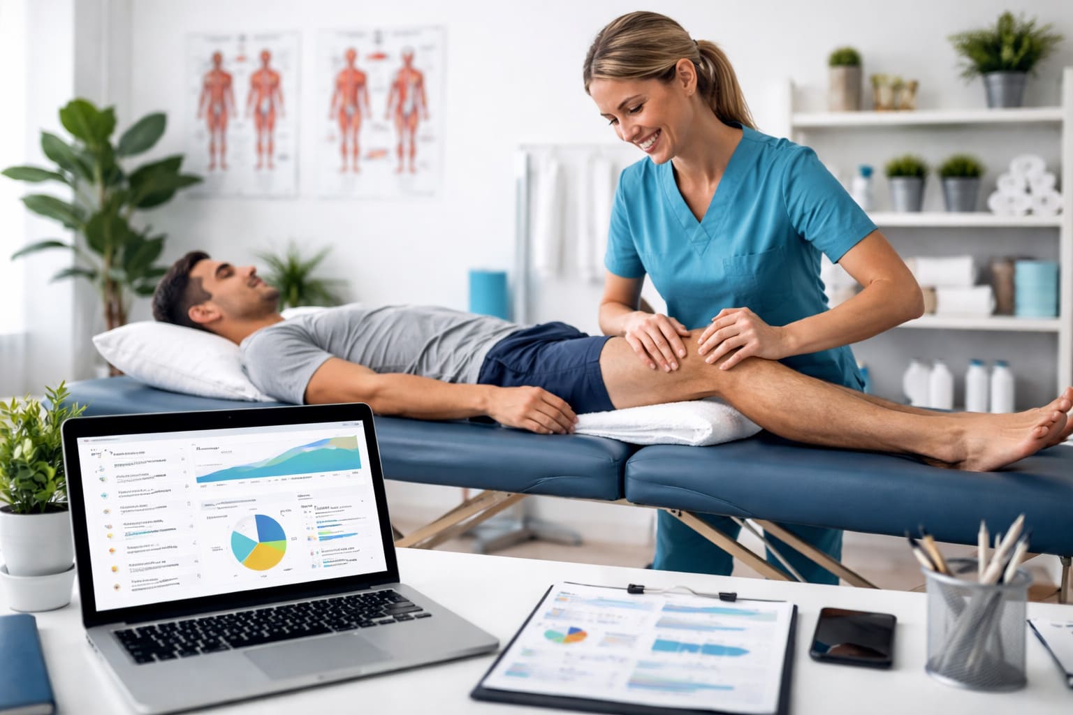 Fisioterapeuta atendiendo a un paciente en una clínica de fisioterapia y rehabilitación con un entorno profesional vinculado a estrategia digital y análisis de marketing.