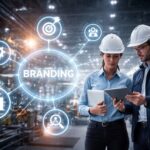 Profesionales del sector industria e ingeniería en una fábrica revisando una estrategia de branding y marketing digital en un entorno industrial moderno.