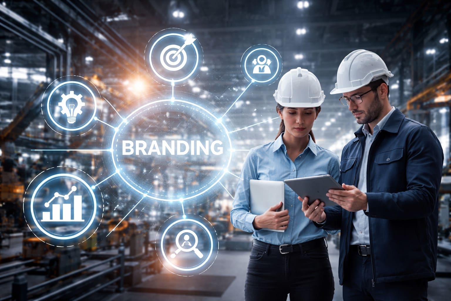 Profesionales del sector industria e ingeniería en una fábrica revisando una estrategia de branding y marketing digital en un entorno industrial moderno.