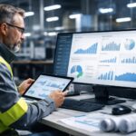 Profesional del sector de instalaciones técnicas y energía analizando datos y estrategia digital en un entorno industrial moderno.