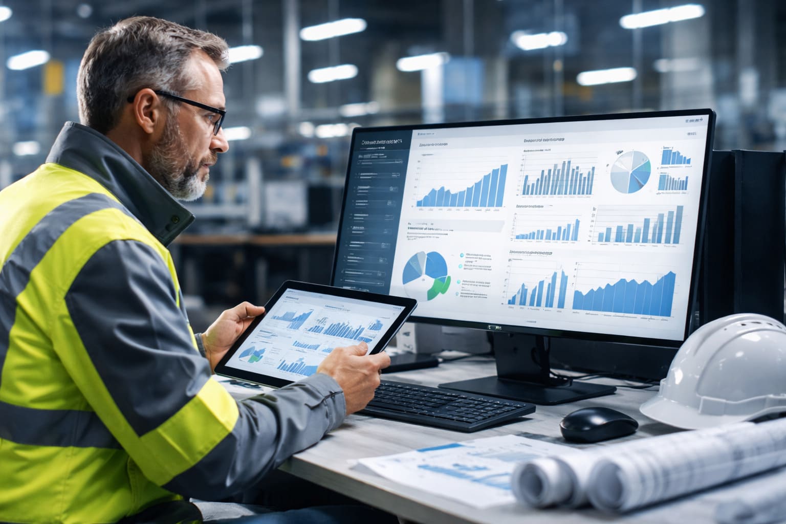 Profesional del sector de instalaciones técnicas y energía analizando datos y estrategia digital en un entorno industrial moderno.