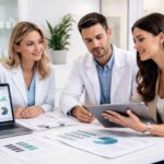 Profesionales de medicina estética y salud privada analizando estrategia de branding y marketing digital en una clínica moderna