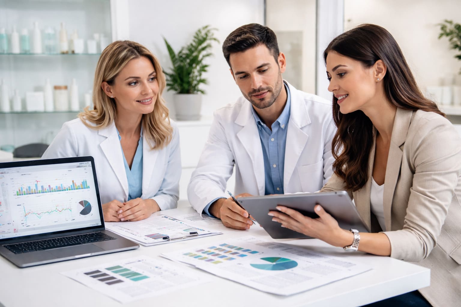 Profesionales de medicina estética y salud privada analizando estrategia de branding y marketing digital en una clínica moderna