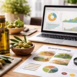 Mesa de trabajo con botella de aceite de oliva, aceitunas y ordenador mostrando gráficos de estrategia digital para una marca del sector oleícola.