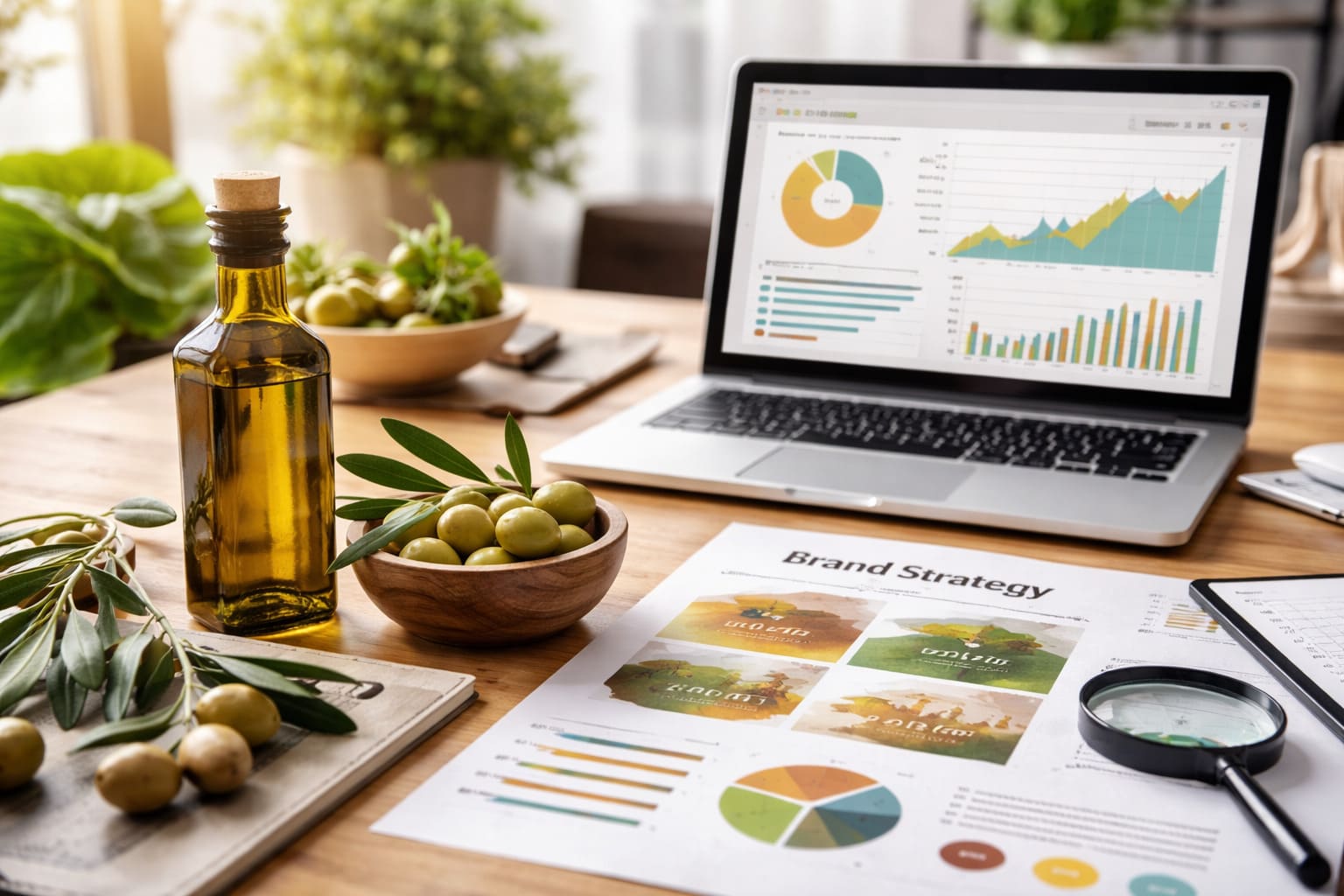 Mesa de trabajo con botella de aceite de oliva, aceitunas y ordenador mostrando gráficos de estrategia digital para una marca del sector oleícola.