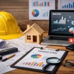 Mesa de trabajo con casco de obra, planos, maqueta de vivienda y portátil con analítica digital para representar el branding en reformas y construcción