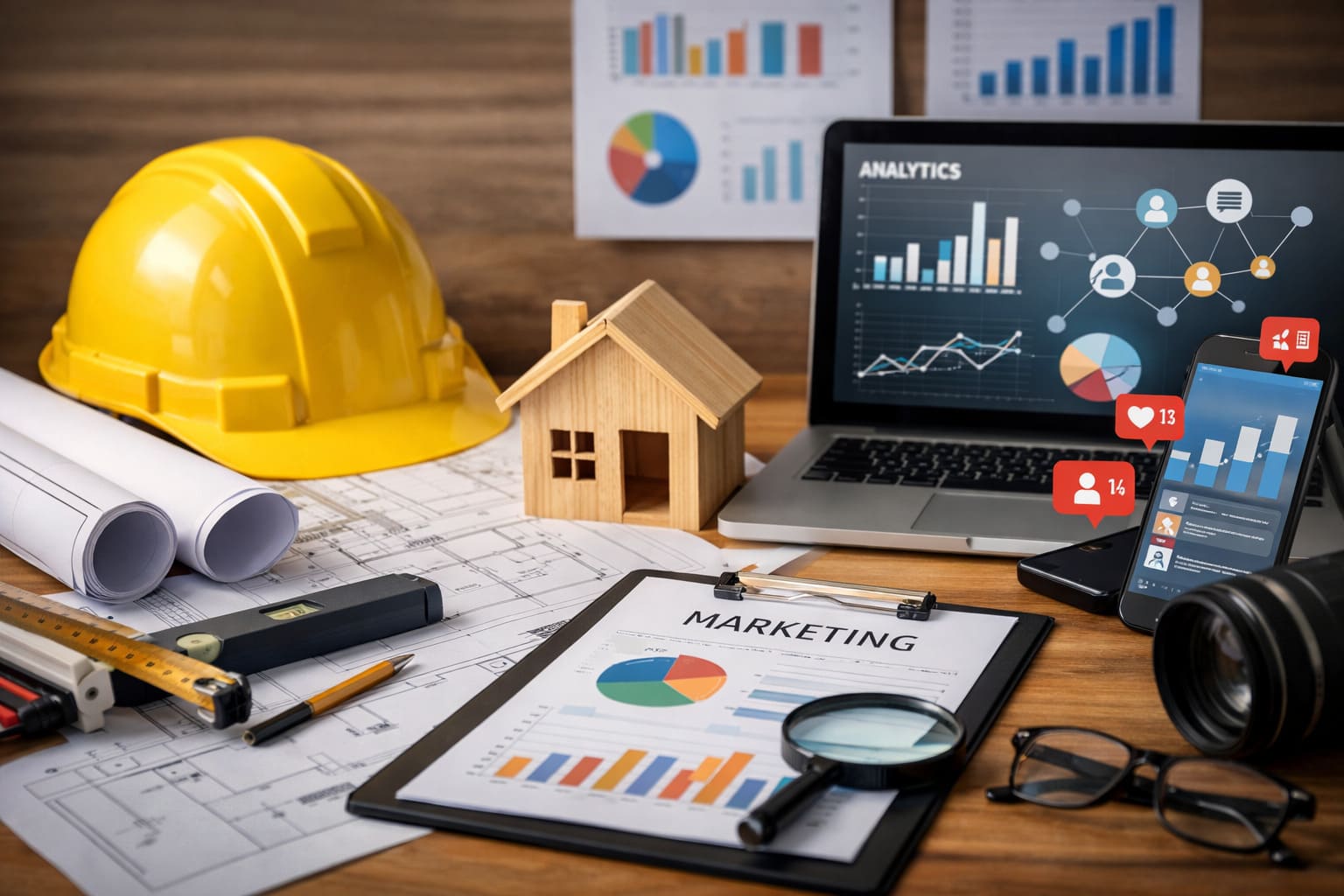 Mesa de trabajo con casco de obra, planos, maqueta de vivienda y portátil con analítica digital para representar el branding en reformas y construcción