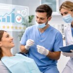 Equipo profesional en una clínica dental moderna atendiendo a una paciente, en un entorno cuidado y profesional vinculado al branding y la reputación de marca.