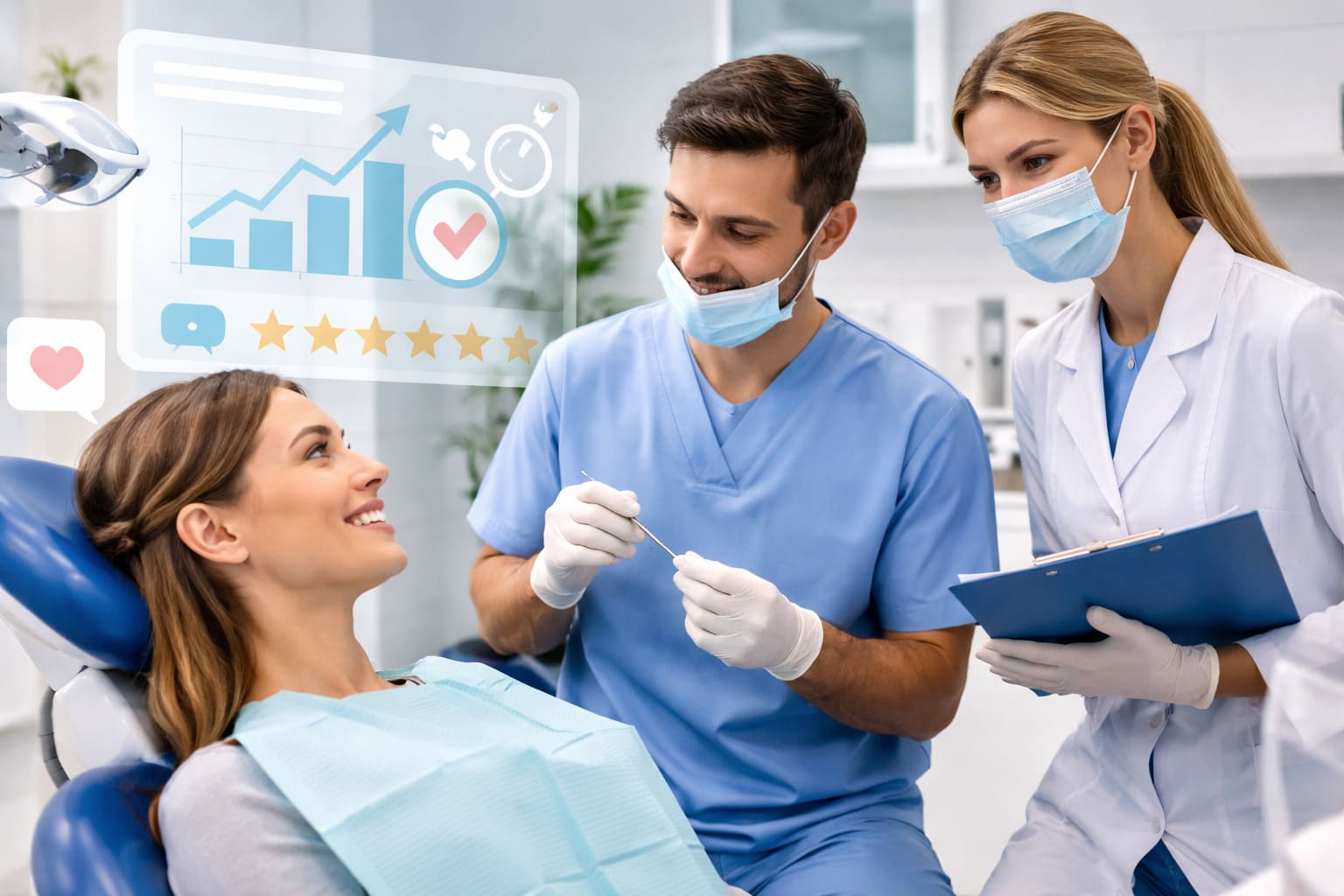 Equipo profesional en una clínica dental moderna atendiendo a una paciente, en un entorno cuidado y profesional vinculado al branding y la reputación de marca.