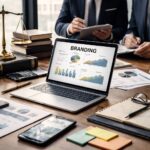 Profesionales del sector jurídico revisando una estrategia de branding y marketing digital en una oficina moderna