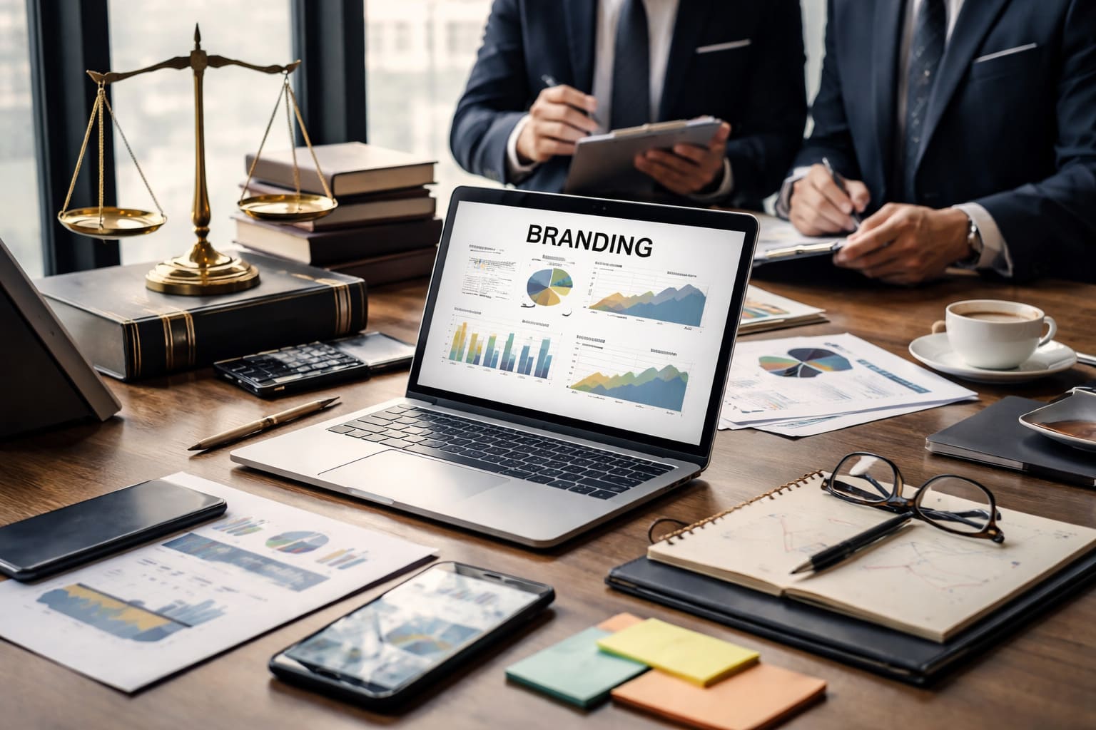 Profesionales del sector jurídico revisando una estrategia de branding y marketing digital en una oficina moderna