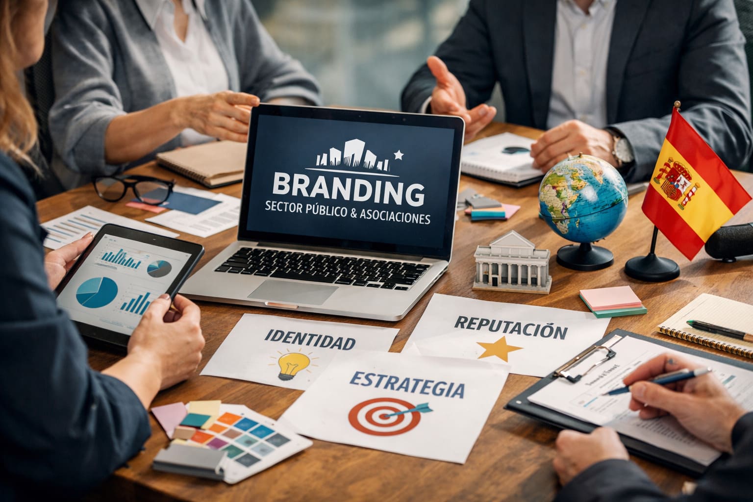 Reunión de estrategia de branding para entidades del sector público y asociaciones con enfoque en reputación de marca y marketing digital