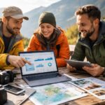 Equipo de turismo activo planificando experiencias de aventura con estrategia digital en un entorno de montaña