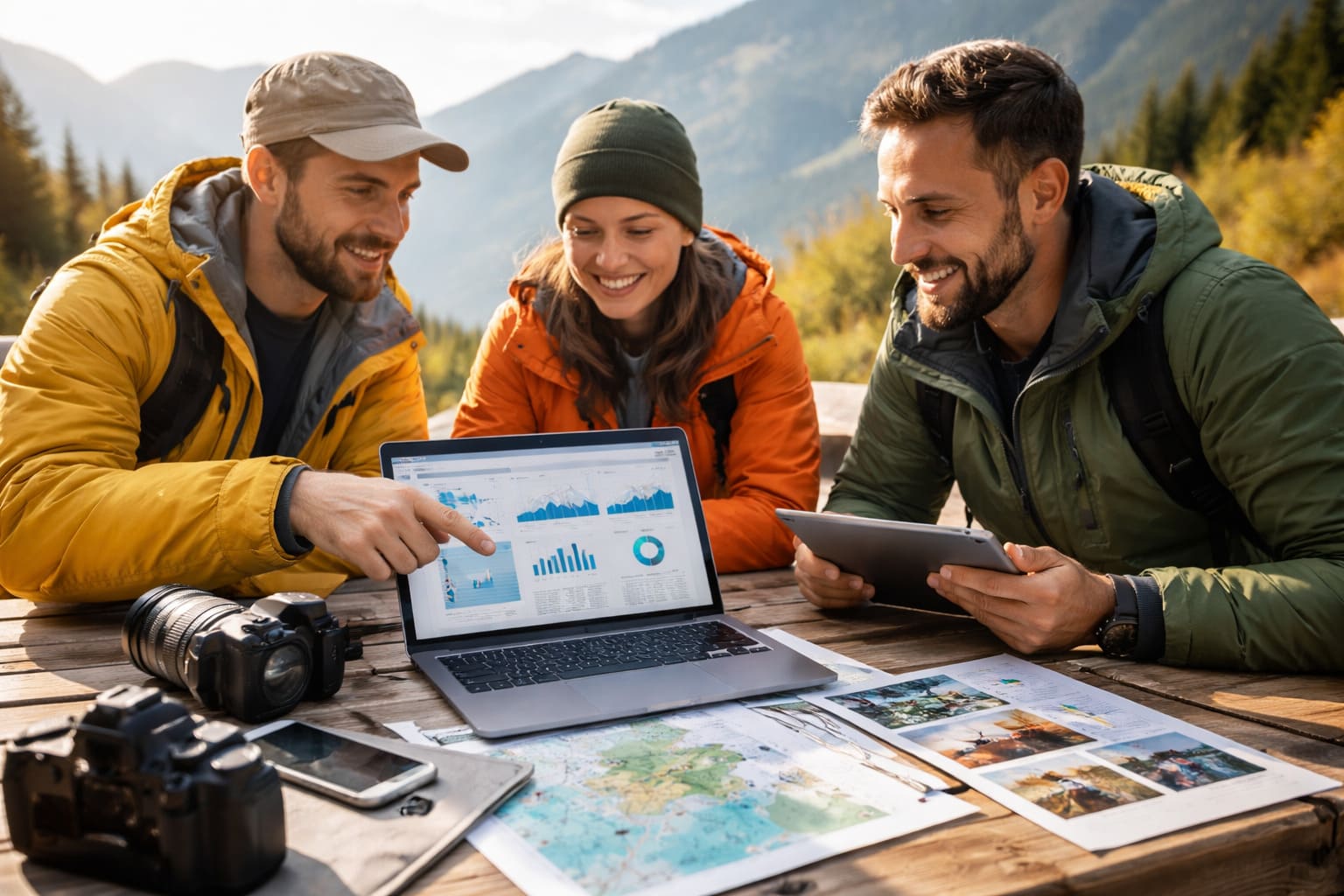 Equipo de turismo activo planificando experiencias de aventura con estrategia digital en un entorno de montaña