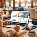 Profesional trabajando la estrategia de branding y marketing digital para una marca del sector turismo y alojamiento en un entorno hotelero.