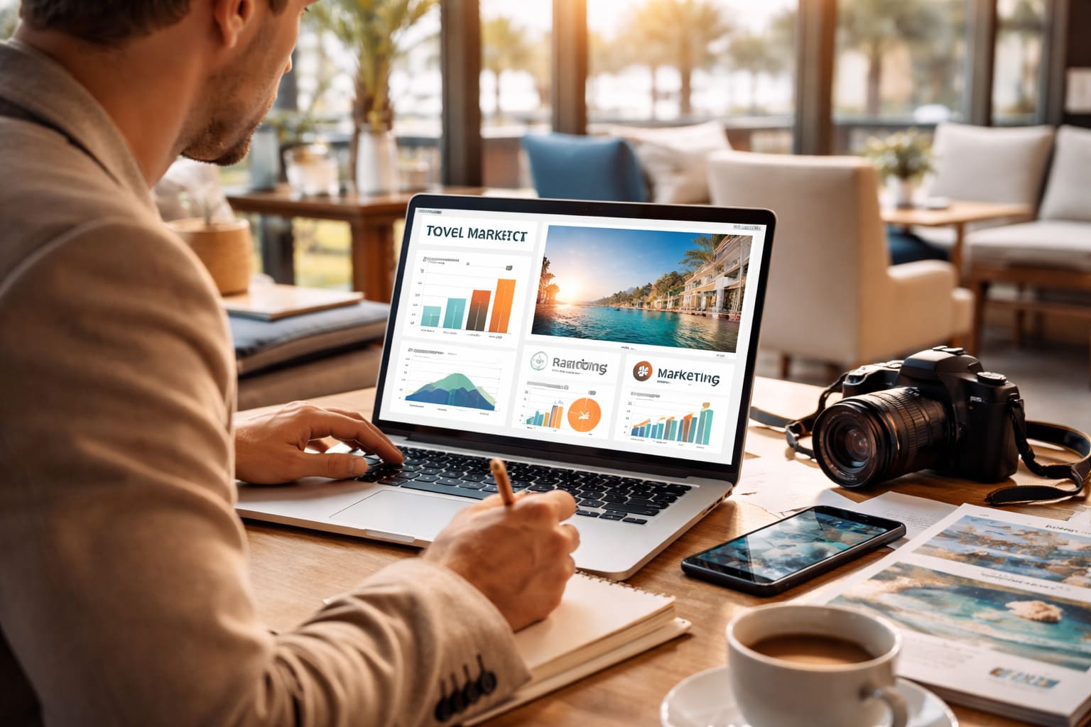 Profesional trabajando la estrategia de branding y marketing digital para una marca del sector turismo y alojamiento en un entorno hotelero.