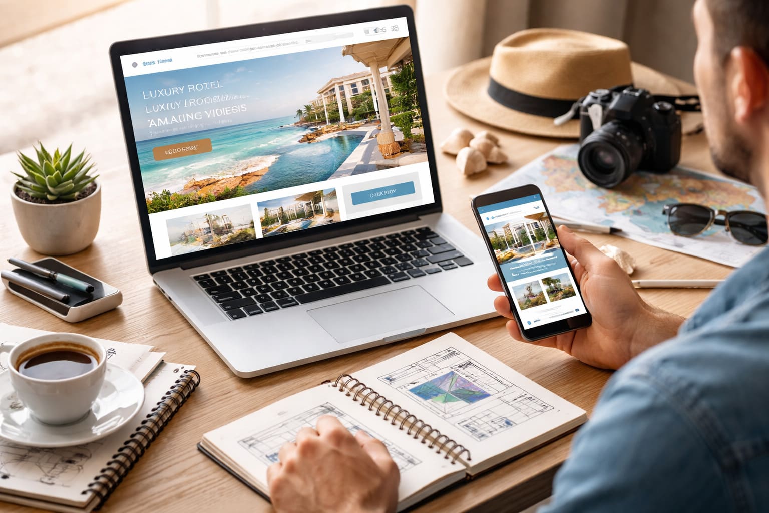 Profesional del sector turismo y alojamiento revisando una estrategia de diseño web y marketing digital en su espacio de trabajo