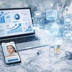 Imagen destacada de marketing digital para medicina estética y salud privada con portátil, móvil, analítica web y productos estéticos en un entorno clínico moderno
