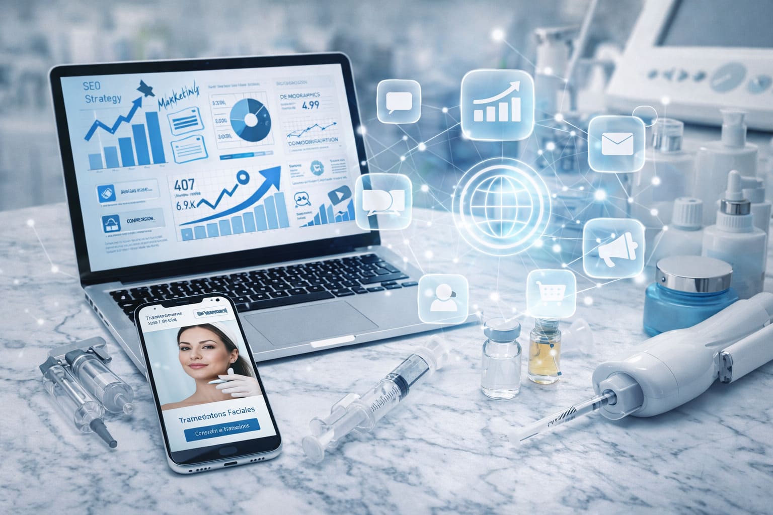Imagen destacada de marketing digital para medicina estética y salud privada con portátil, móvil, analítica web y productos estéticos en un entorno clínico moderno