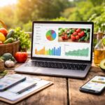 Equipo portátil con panel de analítica digital rodeado de productos agroalimentarios frescos en un entorno natural, representando marketing digital para el sector agroalimentario.