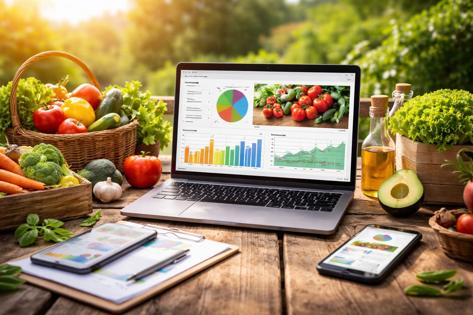 Equipo portátil con panel de analítica digital rodeado de productos agroalimentarios frescos en un entorno natural, representando marketing digital para el sector agroalimentario.