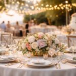 Mesa decorada para una boda al aire libre con flores, vajilla elegante e iluminación cálida, representando el sector de bodas y eventos.