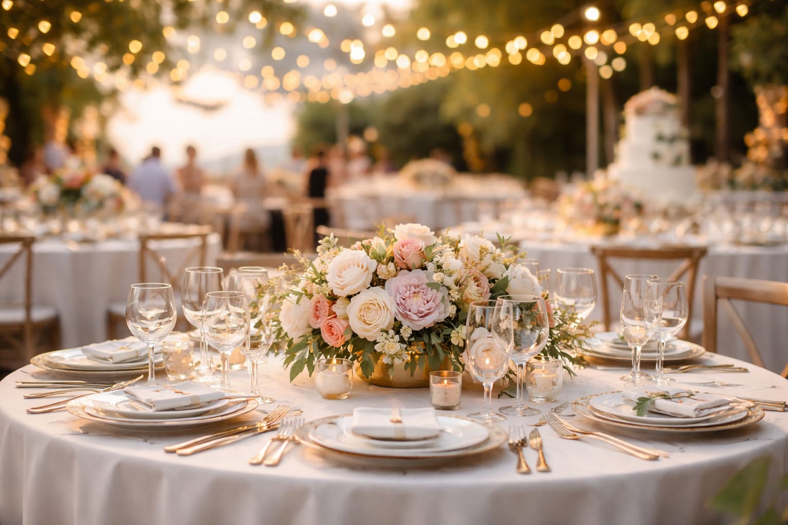 Mesa decorada para una boda al aire libre con flores, vajilla elegante e iluminación cálida, representando el sector de bodas y eventos.