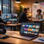 Equipo creativo trabajando en comunicación, producción de contenidos y estrategia de marketing digital en una oficina moderna.