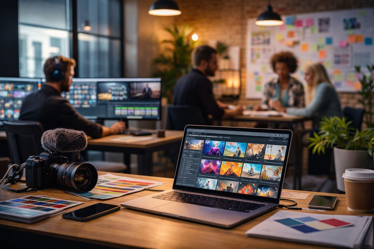 Equipo creativo trabajando en comunicación, producción de contenidos y estrategia de marketing digital en una oficina moderna.