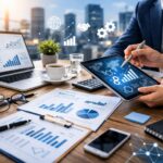 Equipo profesional de consultoría y servicios empresariales trabajando estrategias de marketing digital y análisis de negocio en una oficina moderna.