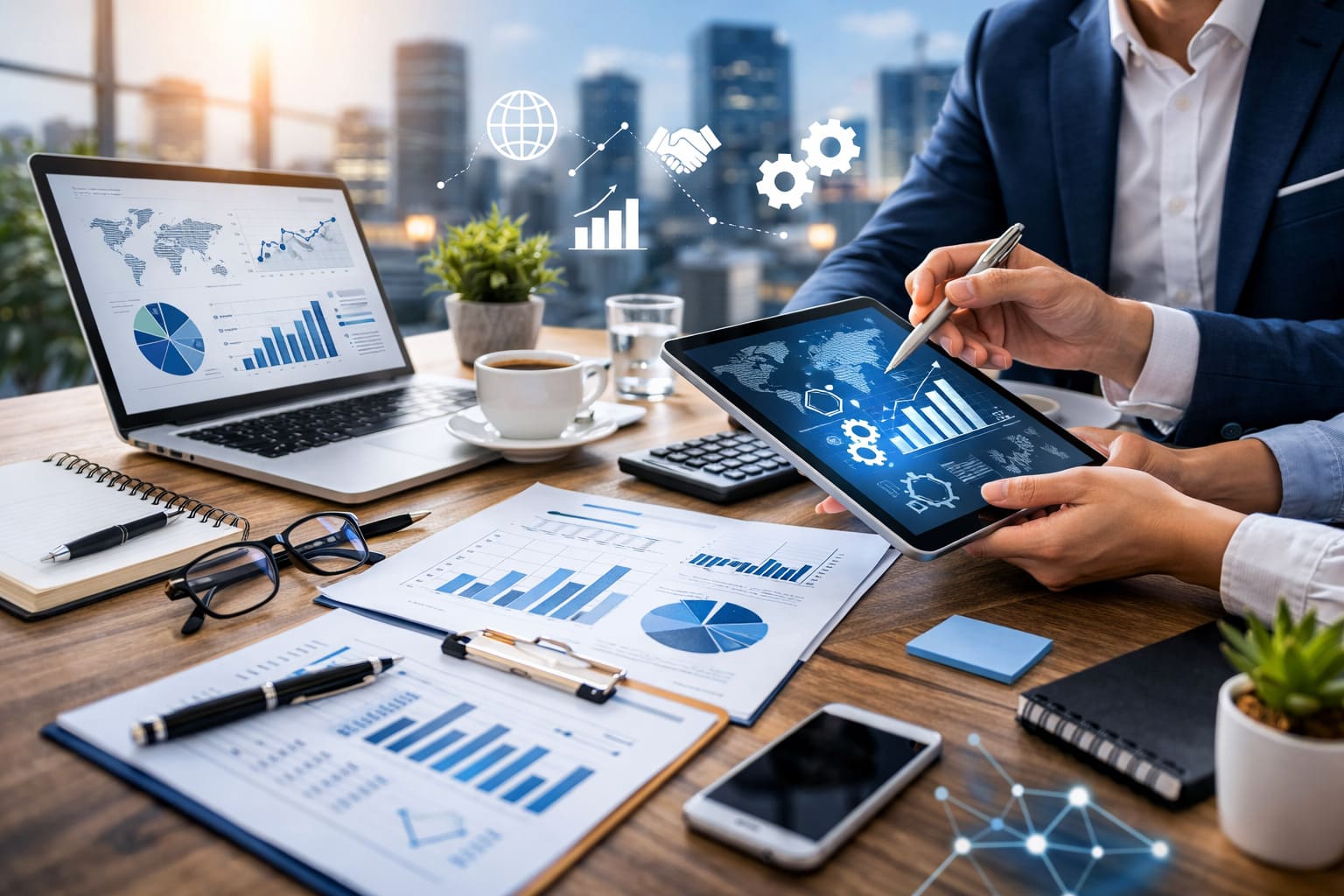 Equipo profesional de consultoría y servicios empresariales trabajando estrategias de marketing digital y análisis de negocio en una oficina moderna.