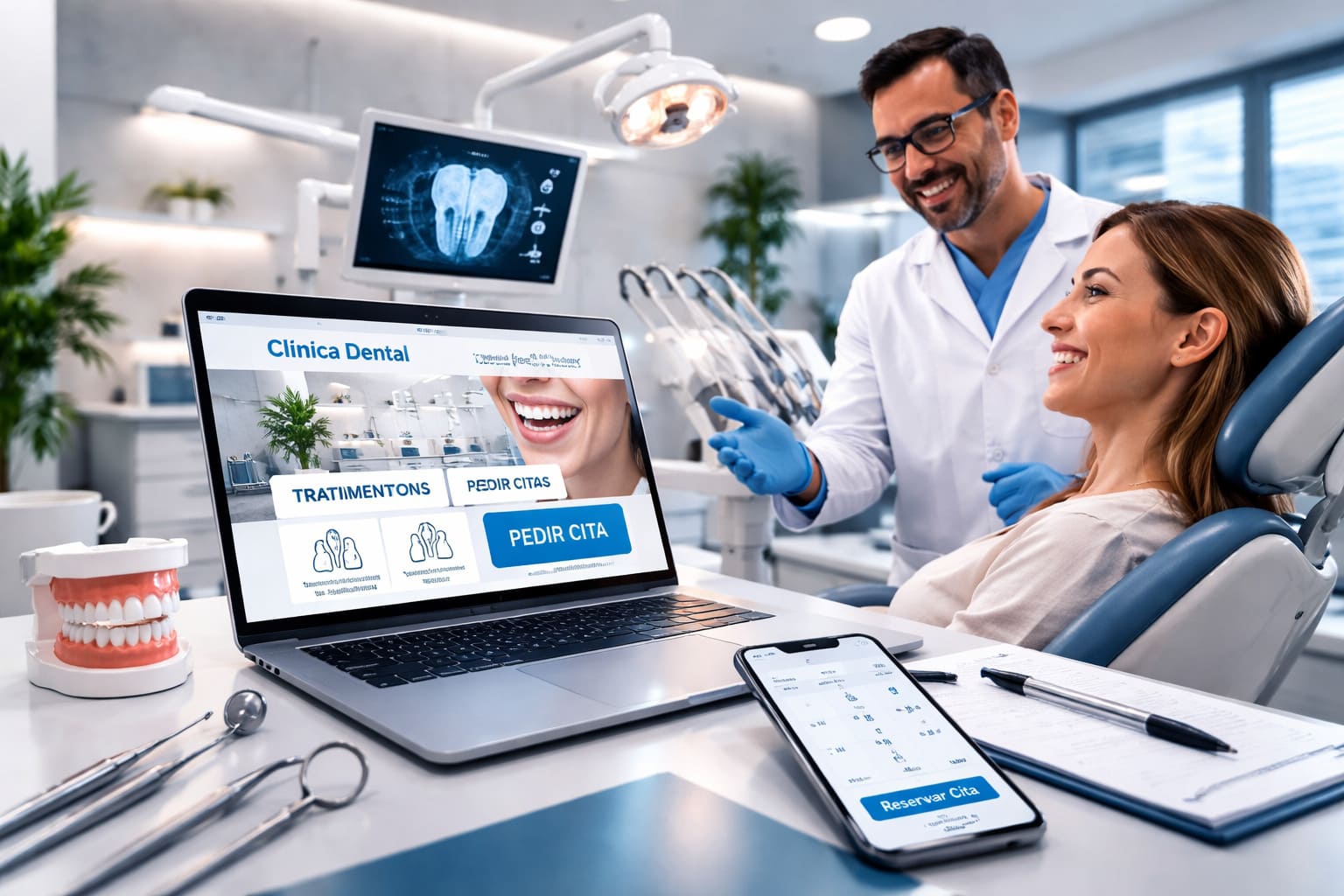 Clínica dental moderna con profesional sanitario y entorno digital orientado al diseño web y al marketing digital