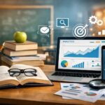Profesional del sector educación y formación trabajando estrategia de marketing digital en un entorno moderno con ordenador, analítica web y materiales educativos