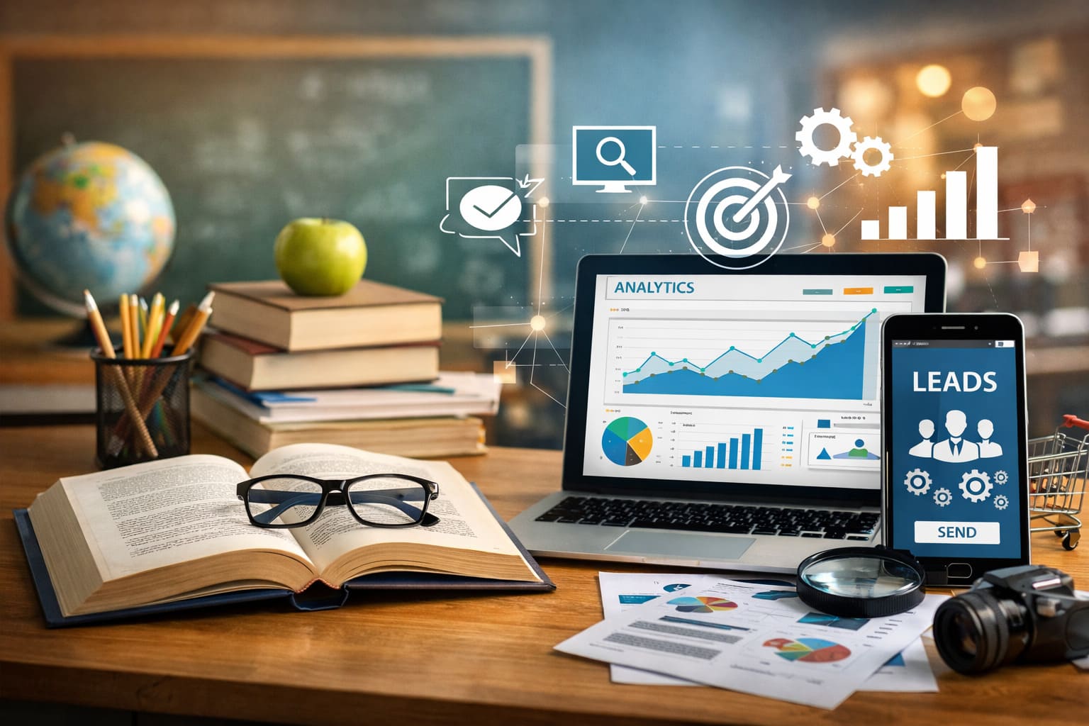 Profesional del sector educación y formación trabajando estrategia de marketing digital en un entorno moderno con ordenador, analítica web y materiales educativos