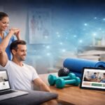 Profesional de fisioterapia atendiendo a un paciente en una clínica moderna, con elementos visuales de marketing digital y diseño web en distintos dispositivos.
