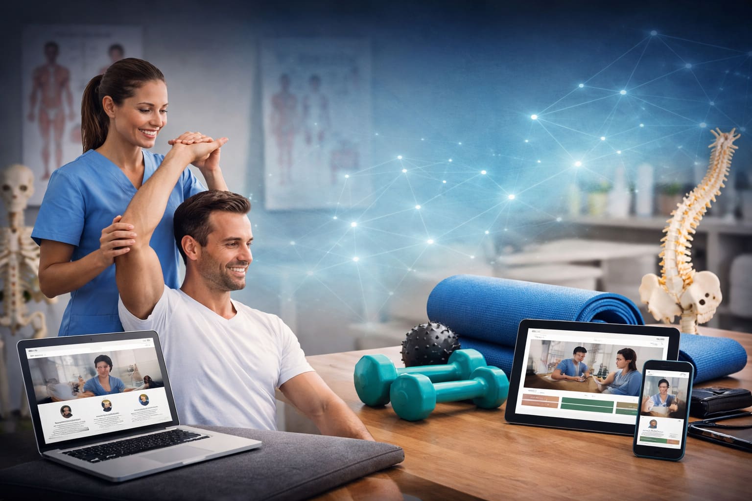 Profesional de fisioterapia atendiendo a un paciente en una clínica moderna, con elementos visuales de marketing digital y diseño web en distintos dispositivos.