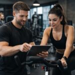 Entrenador personal mostrando una tablet a una clienta en un gimnasio moderno como concepto de marketing digital para el sector fitness.