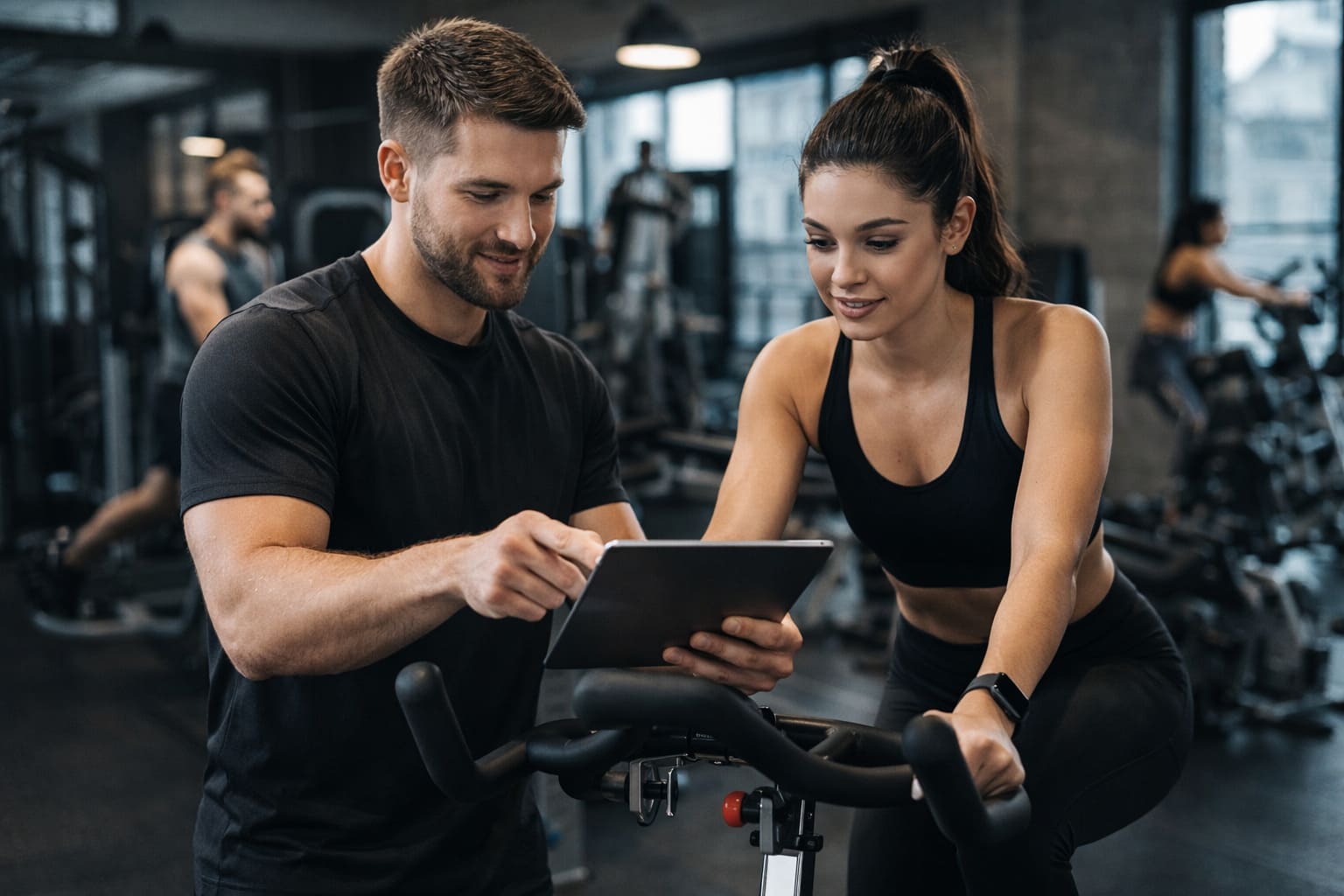 Entrenador personal mostrando una tablet a una clienta en un gimnasio moderno como concepto de marketing digital para el sector fitness.